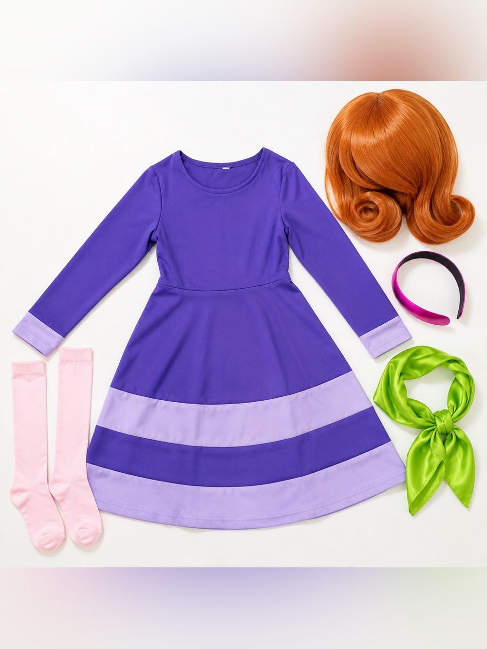 NWT - Daphne Scooby-Doo Girls Halloween Costume Set Size 7/8 Wig, dress, socks…
